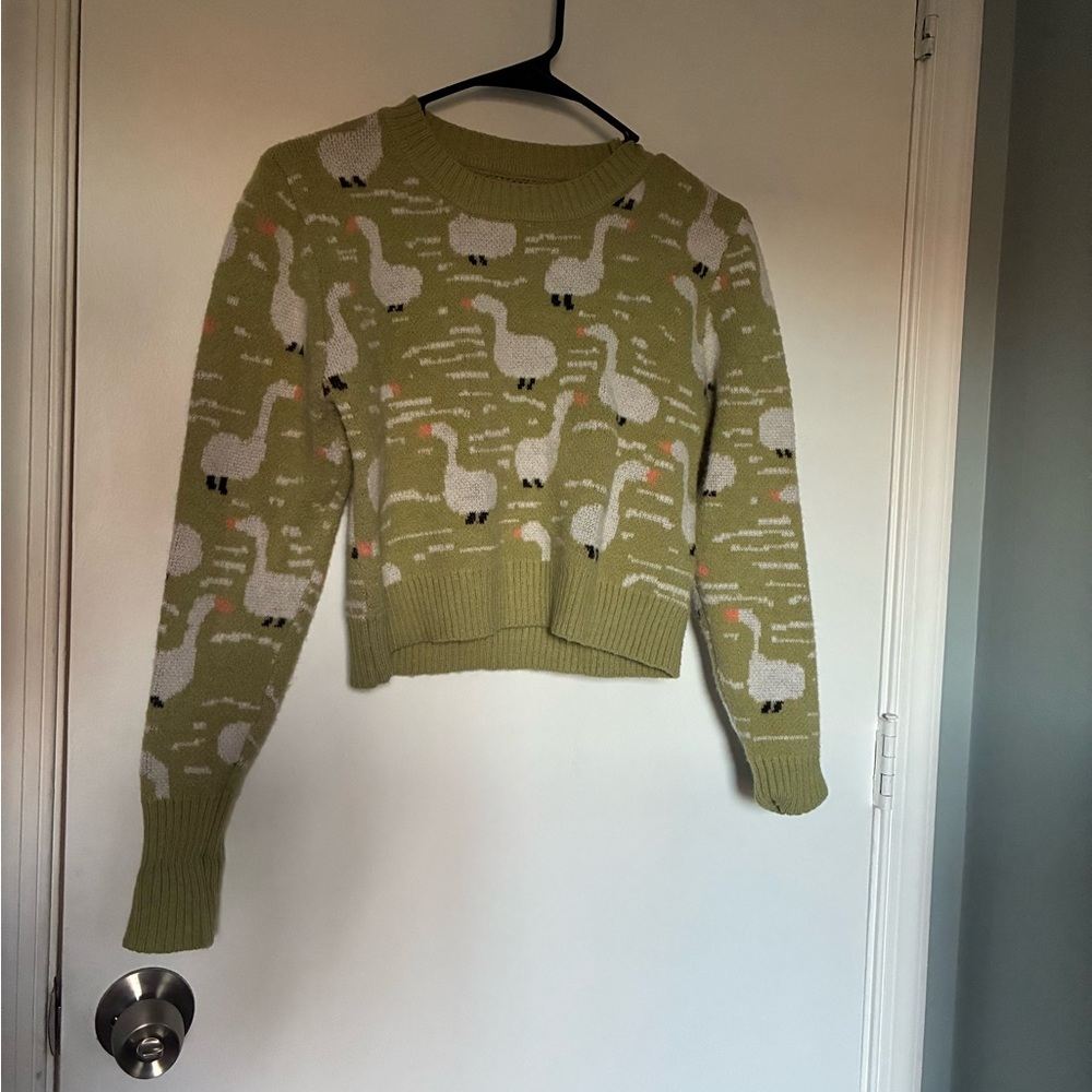 Green Goose Patterned Cropped Sweater